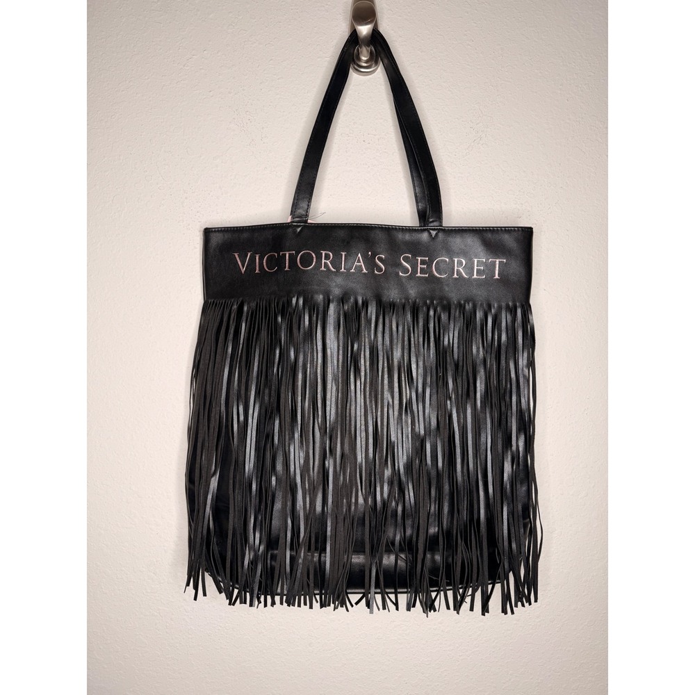 NWT Victoria's Secret Limited Edition black faux leather fringe tote bag - Picture 3 of 9